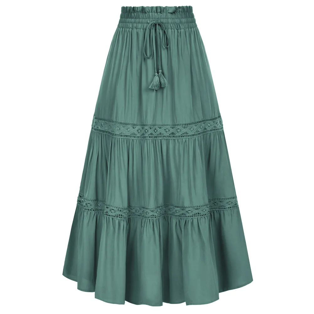 SD Women Tiered Swing Skirt High Waist Elastic Drawstring Waist Ankle-length Flared A-Line Maxi Skirt Vintage Fashion Elegant