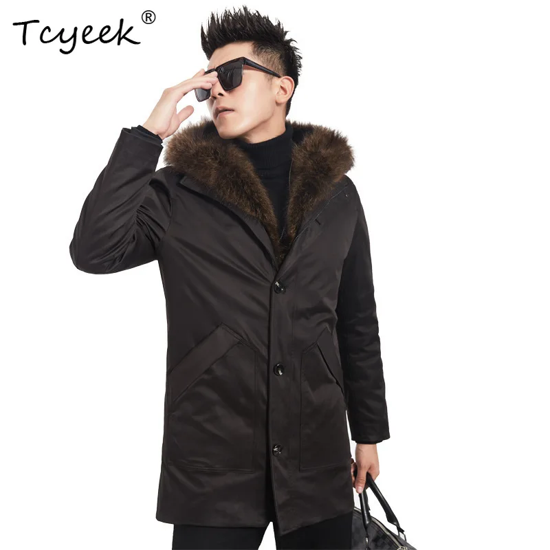 

Tcyeek Real Mink Fur Coat Men Mid-length Parka 2025 Warm Raccoon Fur Collar Mens Coats Winter Clothes Chic Куртка Мужская