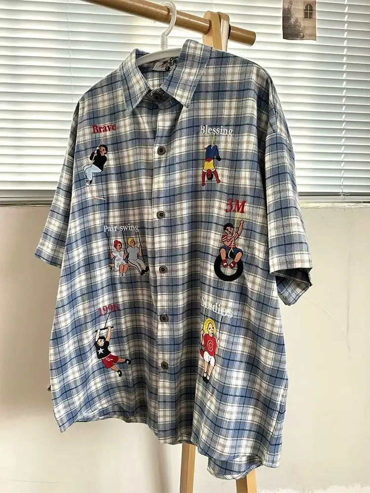 2024 Retro Plaid Cartoon Loose Shirt Short Sleeved Men and Women Summer Salt Style Hip-hop Shirt Ropa Clothing Shirts for Women