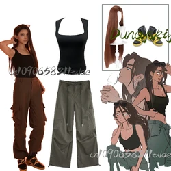Alien Stage Hyuna Cosplay Costumes Wig Black Vest Dark Green Pants Long Brown Wig Idol Dress Up Halloween Party Costumized Item