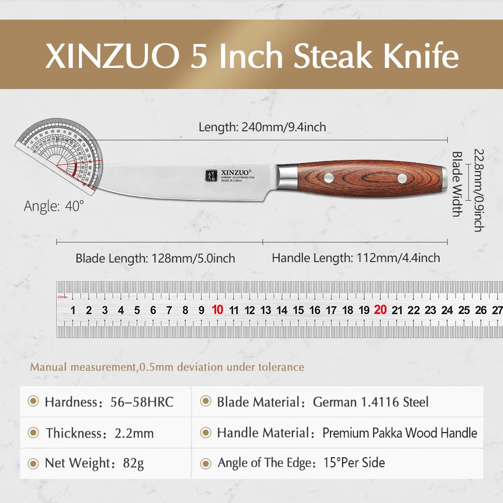 XINZUO 1PC/4PCS 5 Inch Steak Knife Kitchen Knife German 1.4116 Steel 56-58HRC Premium Pakka Wood Handle Durable Kitchen Tool