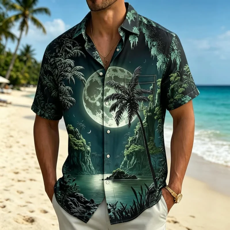 2026 Men's Sunset Moon Night Coast Navigation Style Printed Short Sleeve Shirt Suitable for Summer Beach Vacation Casual Wear