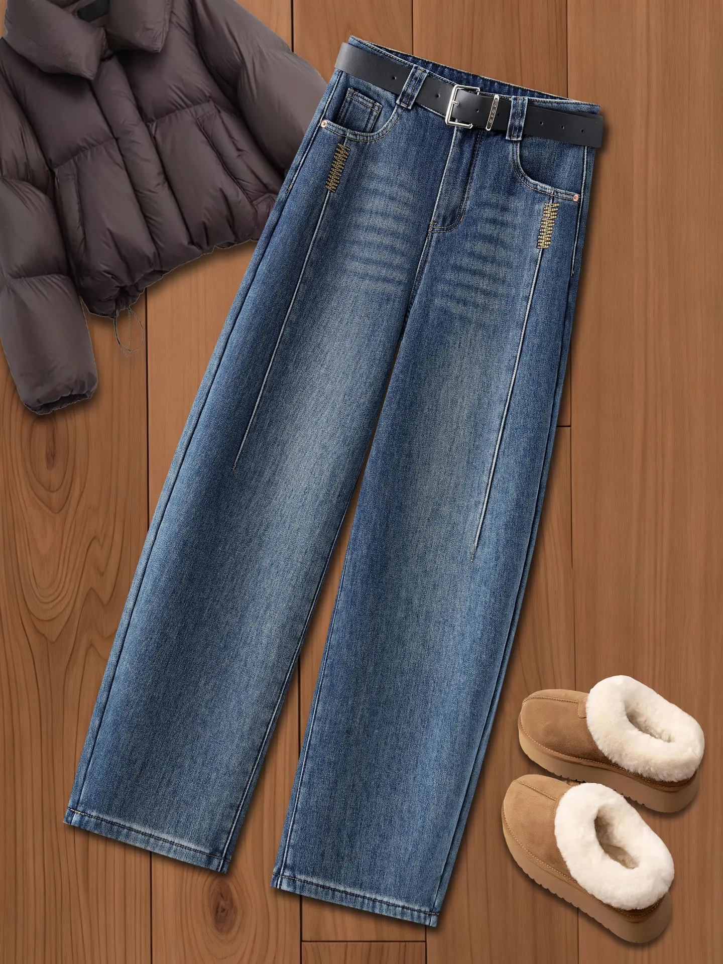 

High Waist Fleece Lined Blue Denim Jeans Women's Winter Casual Machine Embroidery Loose Fit Versatile Bent Knife Straight Leg...