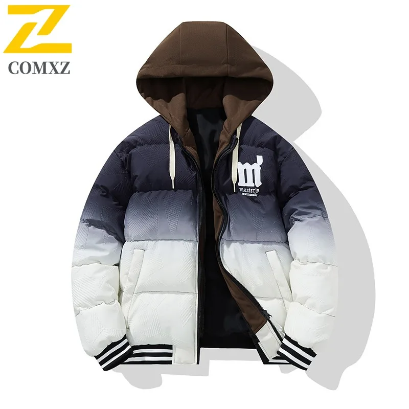 

COMXZ 2025 Men Youth Student Reversible Gradient Padded Jacket Winter Cotton Thick Hooded Coat Trendy Warm Padded Jacket Export