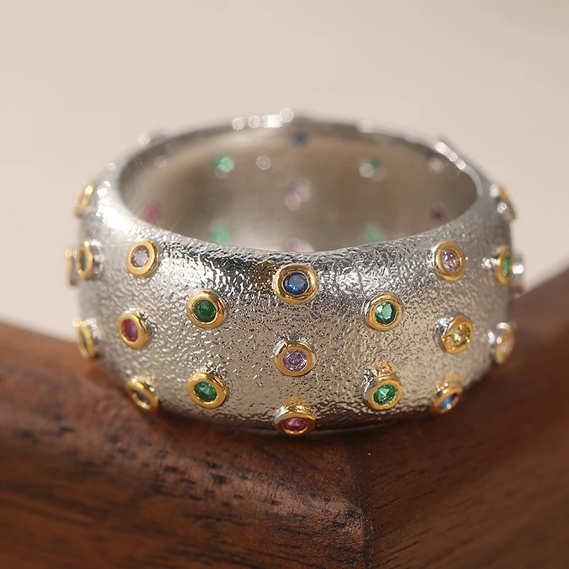 Vintage-Ring für Damen mit mehrfarbigen Einlagen, trendiger zweifarbiger geometrischer Ring für den täglichen Gebrauch, Partyschmuck, Jubiläumsgeschenk – Detail 1