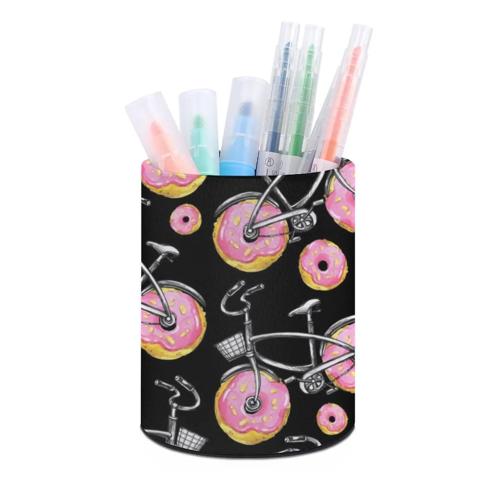 Bicycle Pattern Pencil Pen Holder PU Leather Stationery Organizer Women Makeup Brush Holder for Home Office Study Storage Box