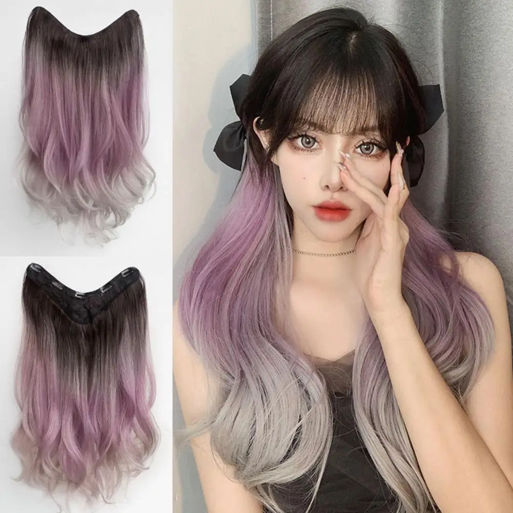 Peluca con orejas colgantes de color púrpura degradado, extensiones de cabello sin costuras de simulación, extensiones de cabello de una pieza, peluca larga para mujer