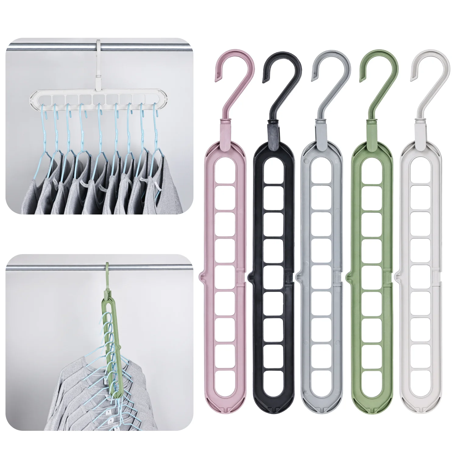 Foldable 9-Hole Space Saving Hanger,360° Rotatable Adjustable Hook,Thickened Plastic,Dual Hanging Mode,Wardrobe Closet Storage