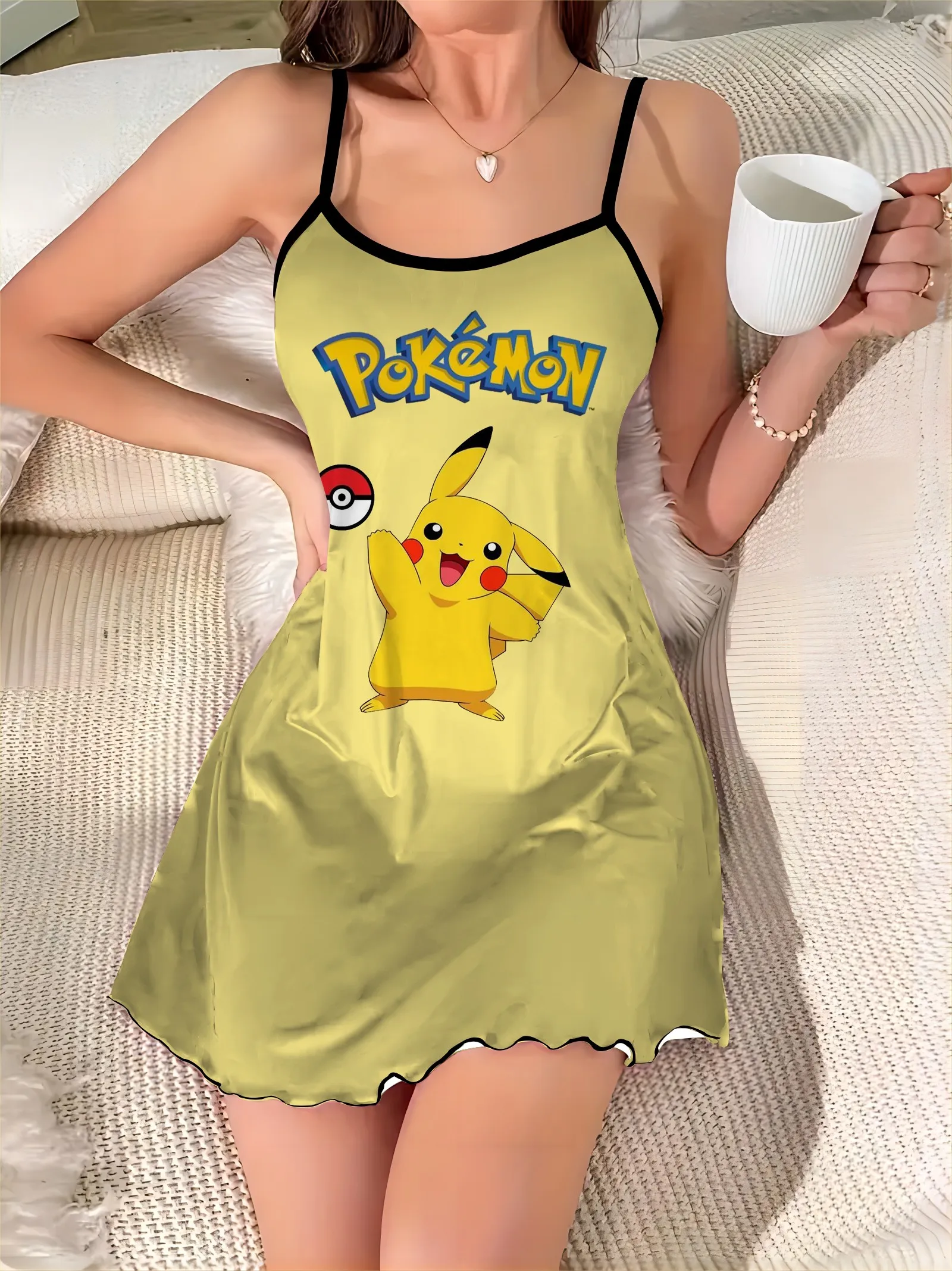 Satin Surface Mini Dress Crew Neck Summer Dresses for Women Pokémon Lettuce Trim Pikachu Pajama Skirt Fashion 2024 Elegant Sexy