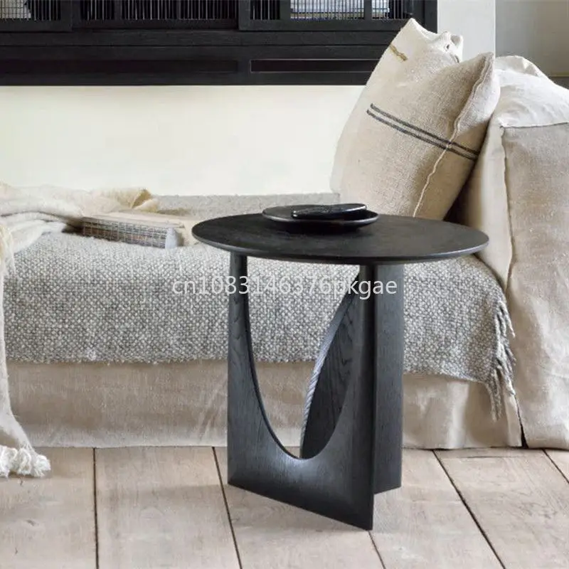 Mesa de centro Simple nórdica redonda con borde de madera maciza, mesa auxiliar para sofá, mesita de noche para dormitorio, color negro