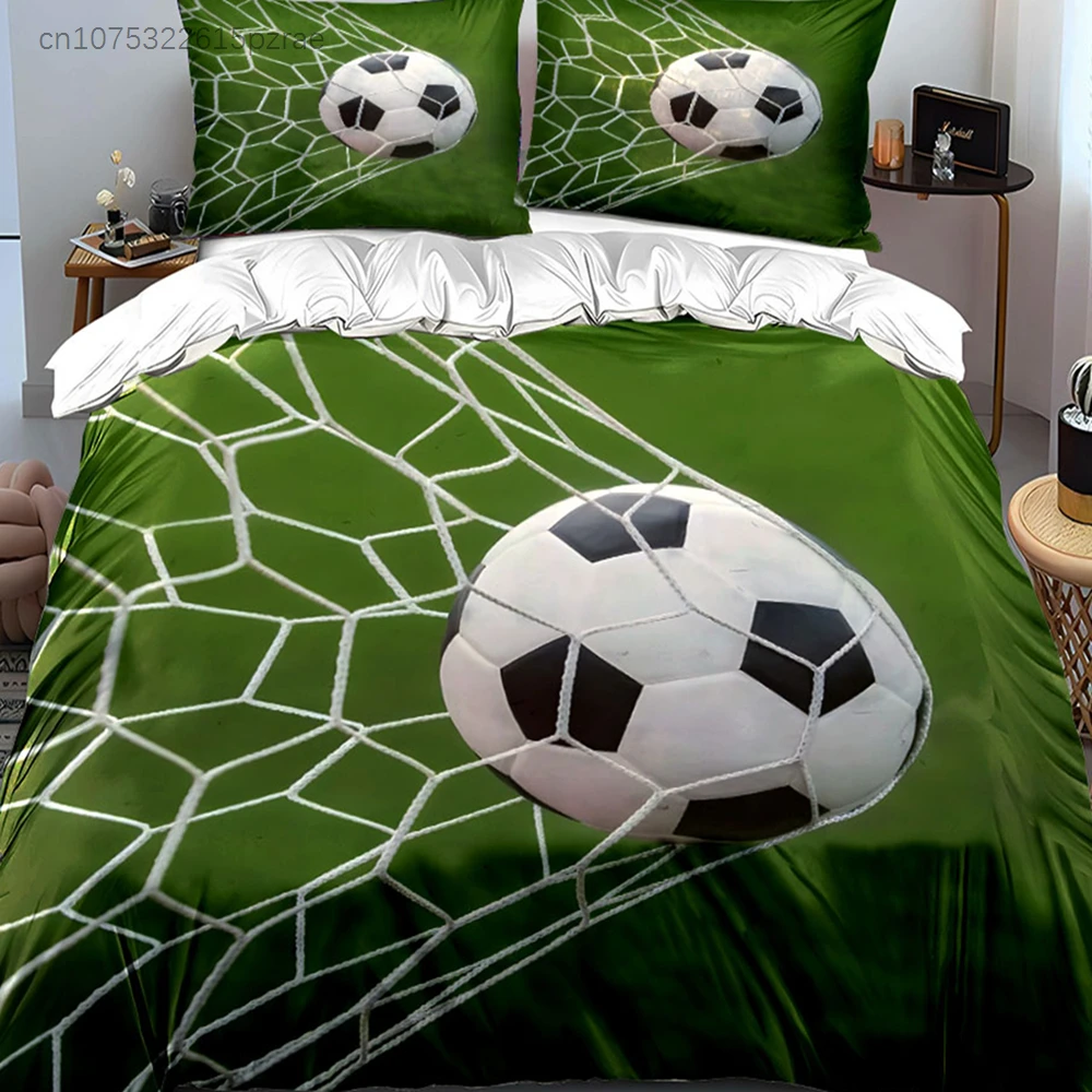 3Pcs Soccer Goal Bedding Set, Football In The Net Print Duvet Cover Set, Green Field Background, Soft Polyester For Sports Fans