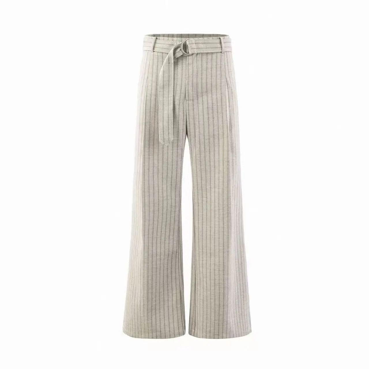 Beige Striped Belted Flared Dress Pants Men Pleated Wide Leg Trousers Slacks High Waist Linen Blend Loose Fit Casual Suit Pants