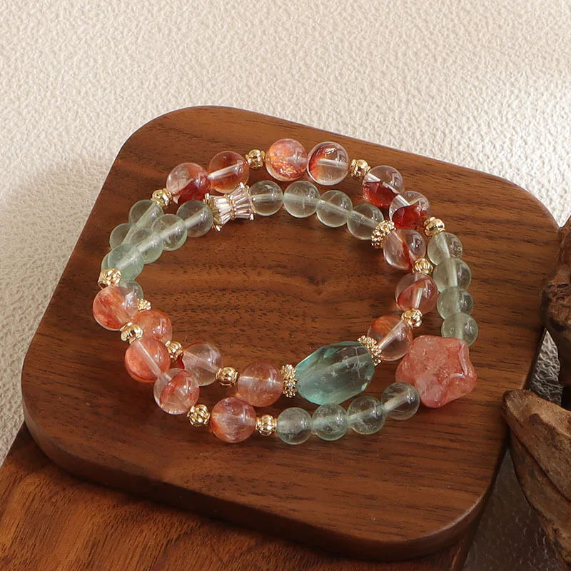 

Minar Handmade Natural Stone Crystal Beads Star Double Layered Elastic Strand Bracelets for Women 14K Real Gold Plated Copper