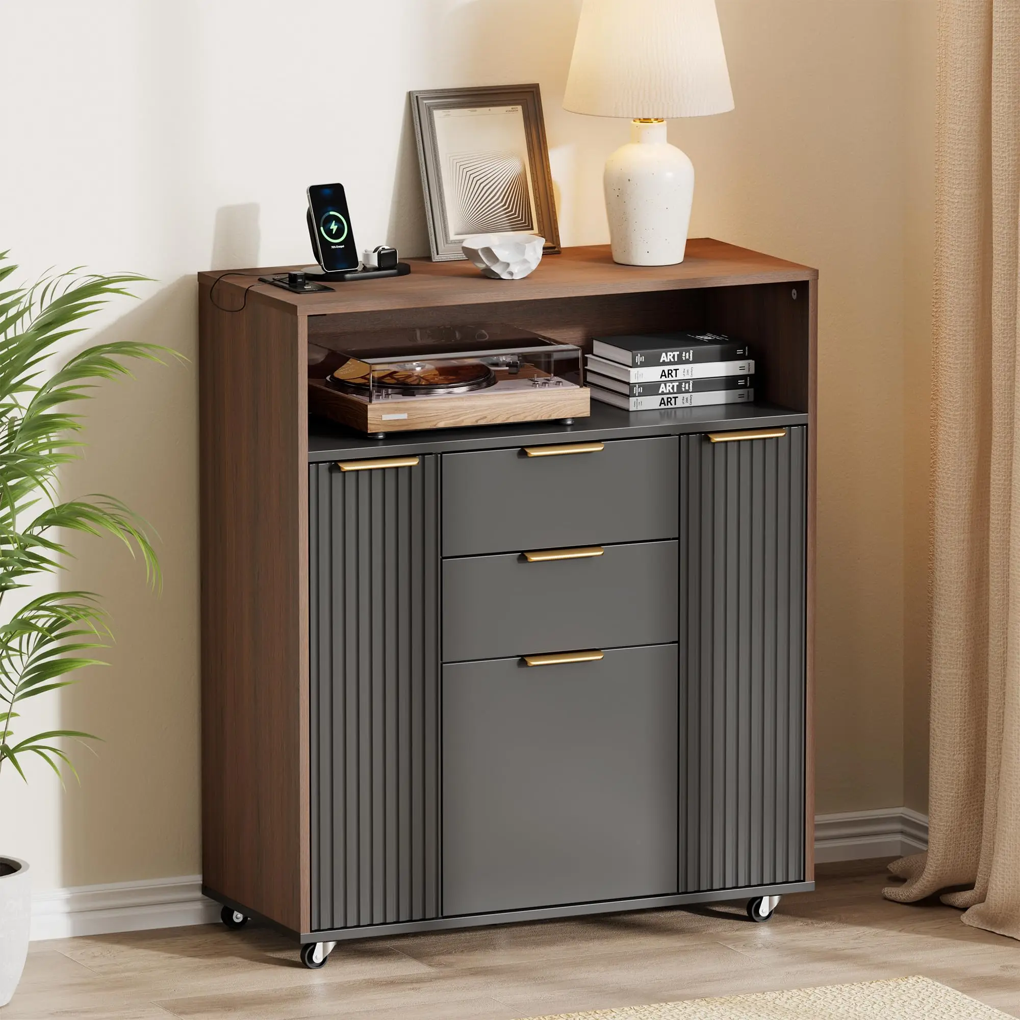 Fluted Mobile File Cabinet with Charging Station