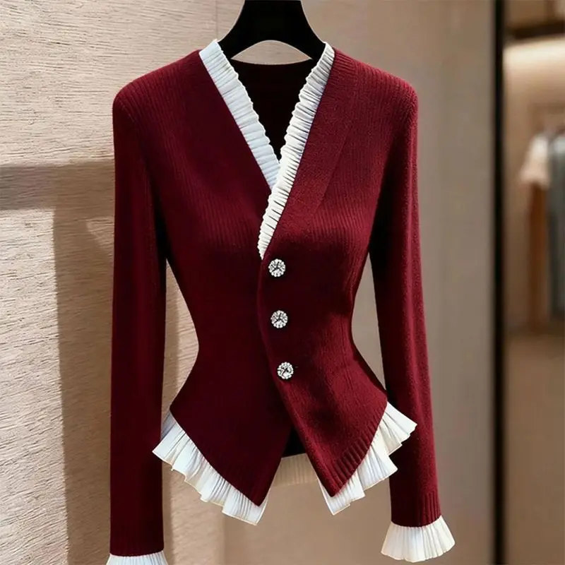 

Ретро-свитер женский с V-образным вырезом, длинными рукавами, оборками и вставками, красный, теплый, элегантный, для офиса, базовый слой