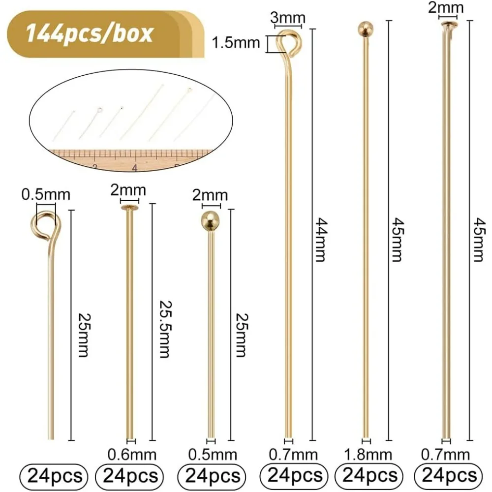 144Pcs 3 Style 18K Gold Plated Brass Ball Head Pins and Flat Head Eye Pins Jewelry Making Kit for Crafting Earrings