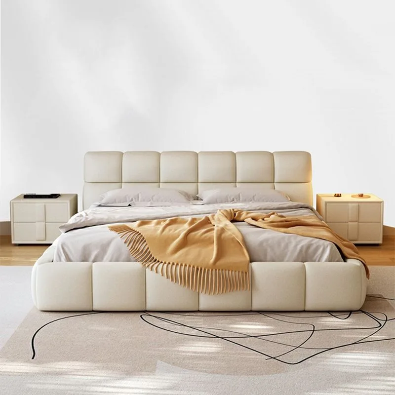 Cama con plataforma tapizada elegante y suave con cabecero de lujo y estructura de madera, ¡promoción de ventas!