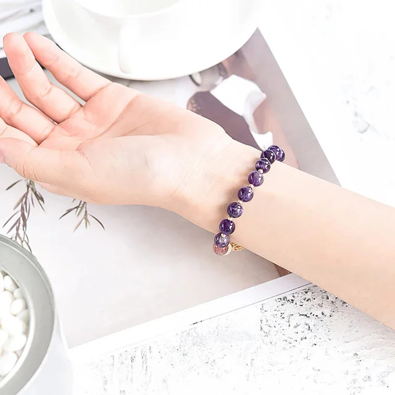 AngLang Gold Hollowed-out Bead Natrual Amethyst Strawberry Crystal White Moonstone Bracelet for Women Female Fine Jewelry YBR235