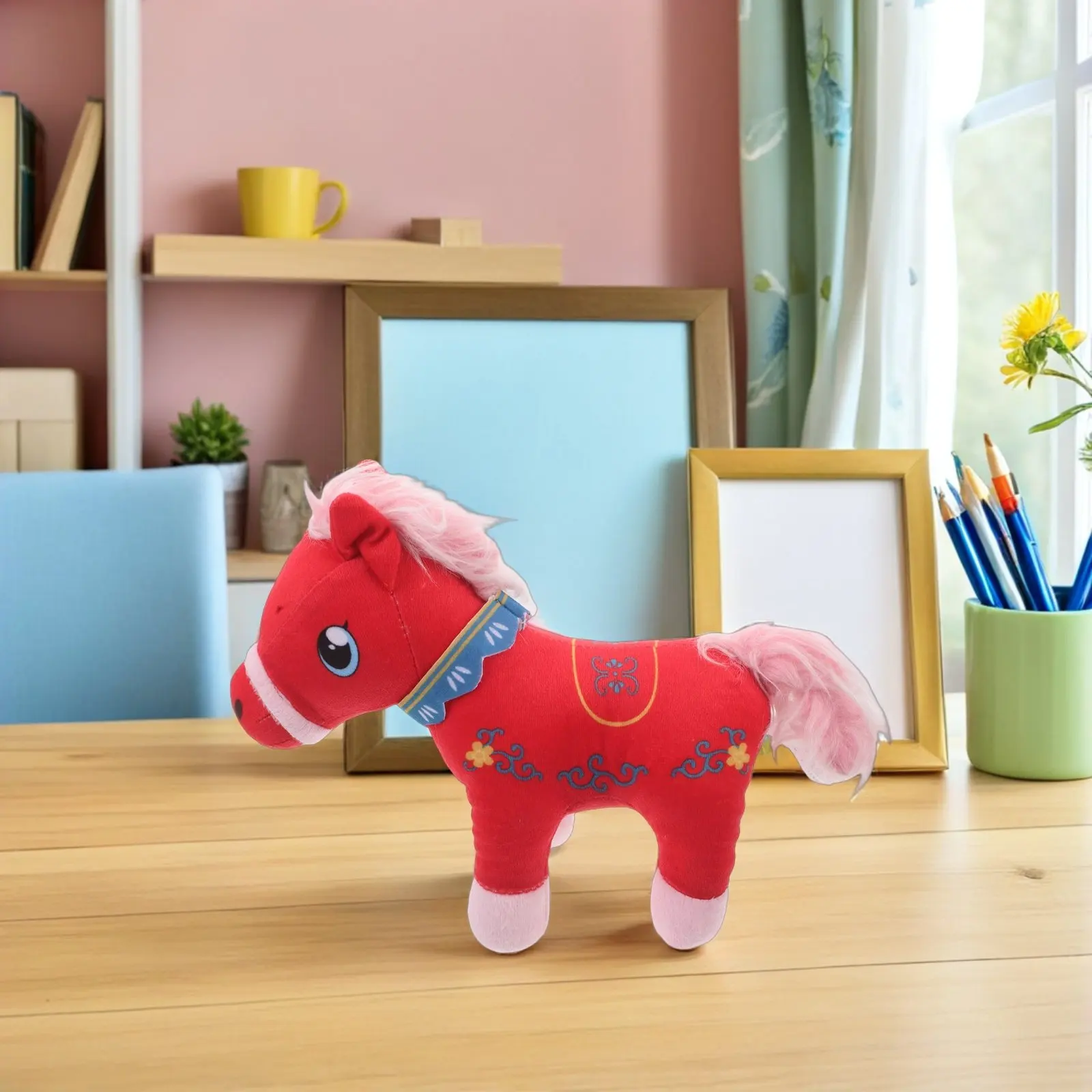 Zodiac Horse Red Stuffed Animal Soft Mascot Standing Design 2026 Spring Festival Happy New Year Party Favor Horse Stuffed Animal