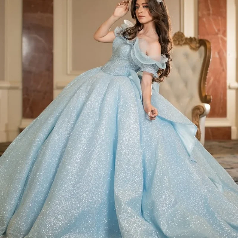 

Customized Shiny sky blue Quinceanera Dresses Off the Shoulder sequin applique crystal Tull Long tail Vestido 15 Quinceanera