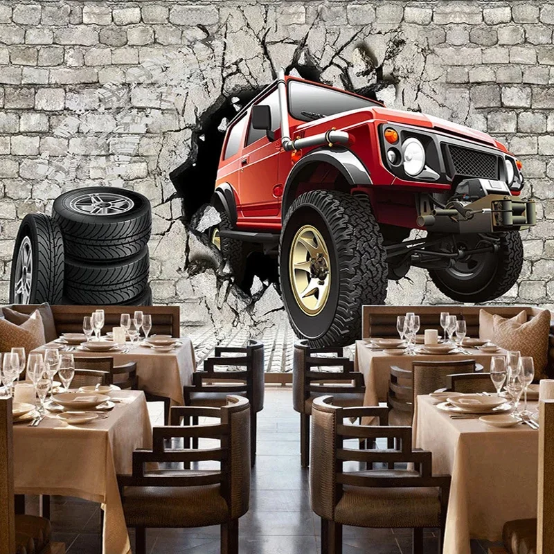 Custom 3D Poster Photo Wallpaper Retro Brick Wall Tire Car Restaurant KTV Bar Tooling Background Decoration Mural Home Décor