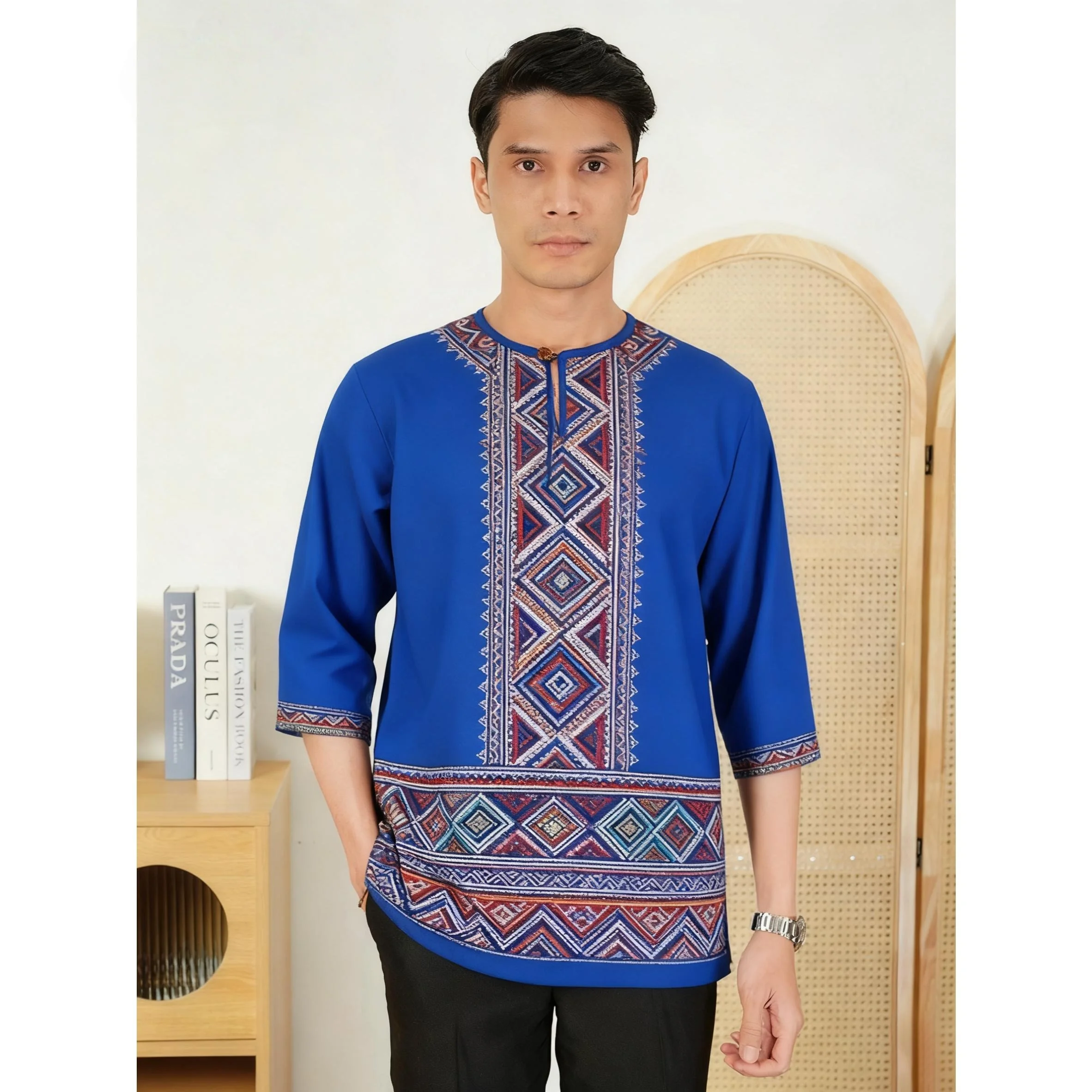 الرجال المسلمات الإسلامية العربية عباية قصيرة الأكمام تي شيرت العرقية طباعة الوقوف طوق الشباب معطف فاخر ملابس عصرية غير رسمية