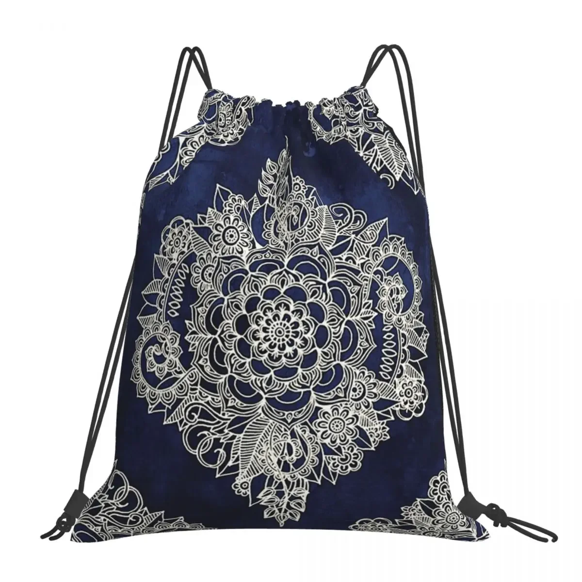 Cream Floral Moroccan Pattern On Deep Indigo Ink Backpacks Drawstring Bags Drawstring Bundle Pocket Sundries Bag BookBag