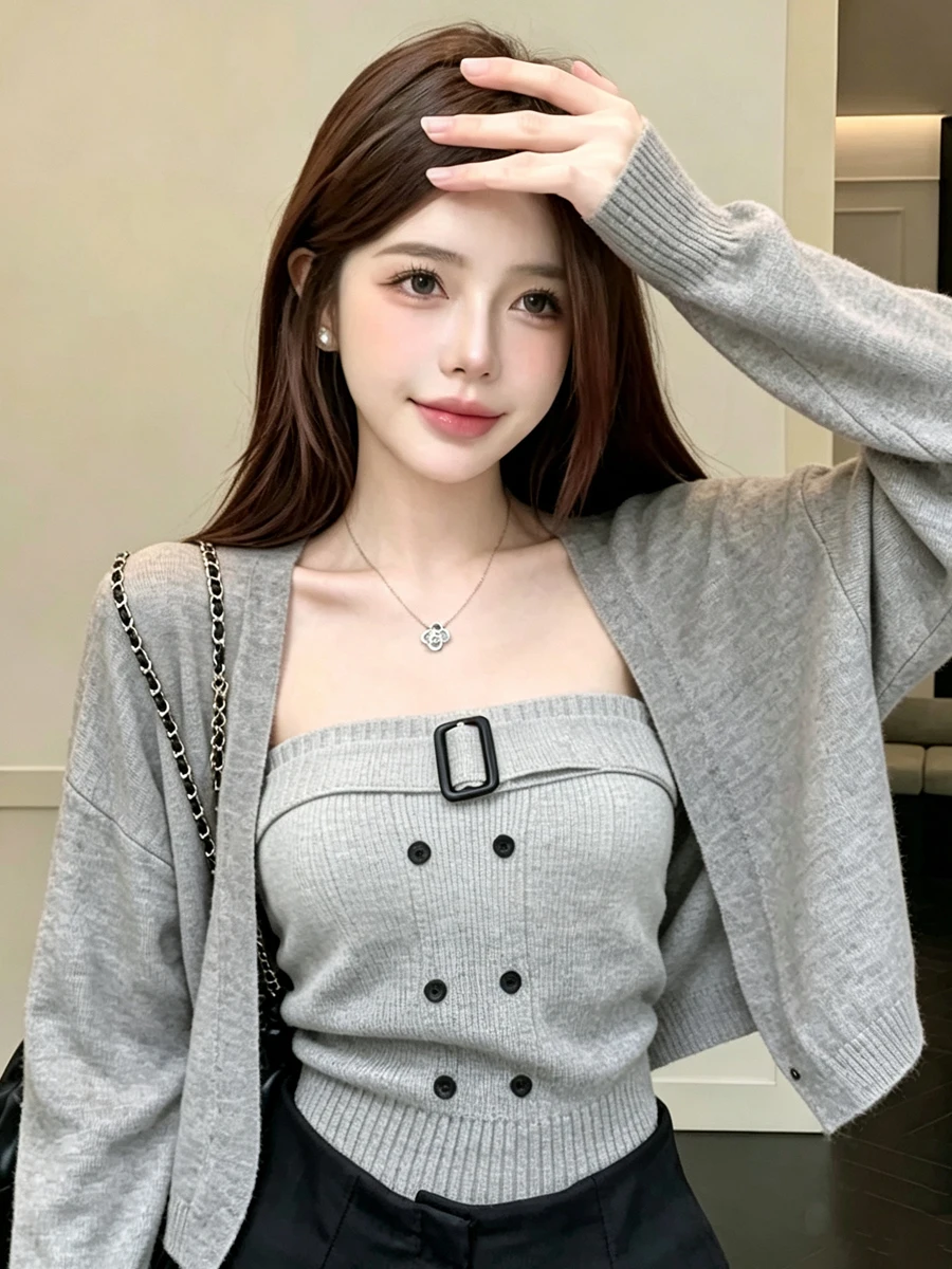 Korean Style Long Sleeve Crop Top And Vest Two Piece Set Women's Fashion Slimming Cardigan Breathable Comfortable Knitted Swe...