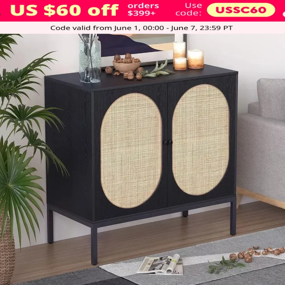 Living Room Cabinet, Furniture, Buffet Sideboard with Handmade Natural Rattan Woven Doors, with Side Panel, Living Room Cabinets