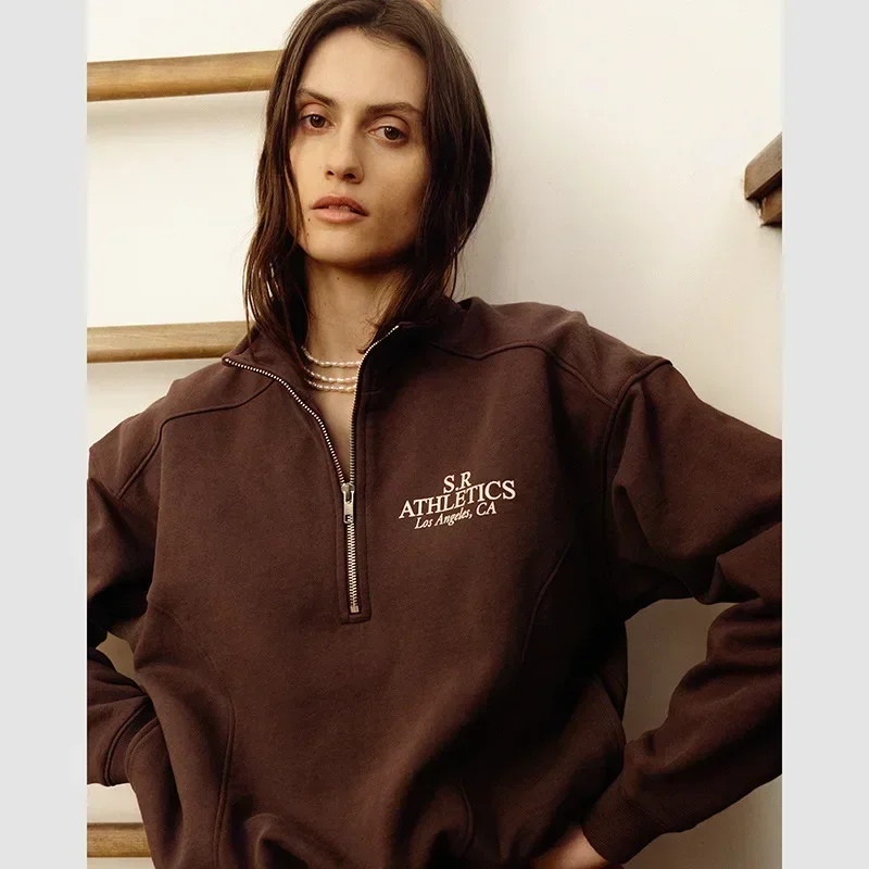 Women's Sporty&Rich Pullover Hooded Sweatshirt with Letter Print and Zipper Closure for Fall