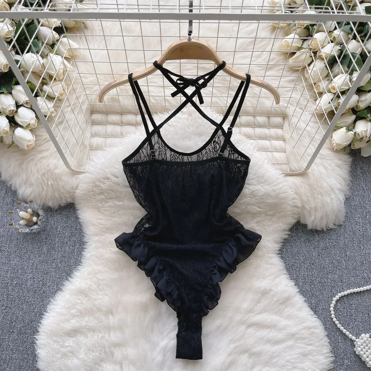 Cross Strap Halter Camisole Playsuit Transparent Lace Ruffle Slim Backless Bodysuit Erotic Lingerie Women's Pajamas Nightwear