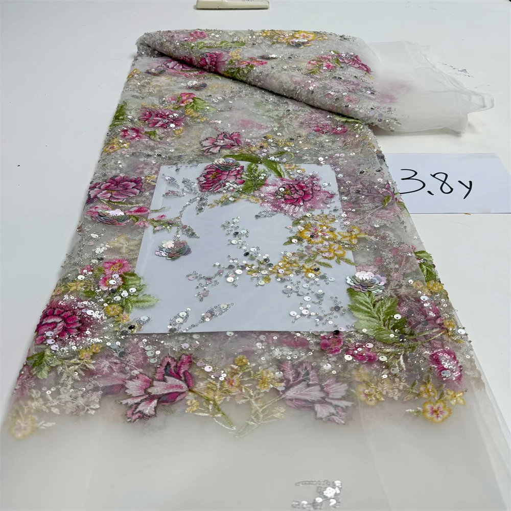 قماش دانتيل أفريقي عالي الجودة دانتيل نيجيري مطرز بالترتر قماش شبكي فرنسي 3.5 ياردات لخياطة فساتين حفلات الزفاف #5