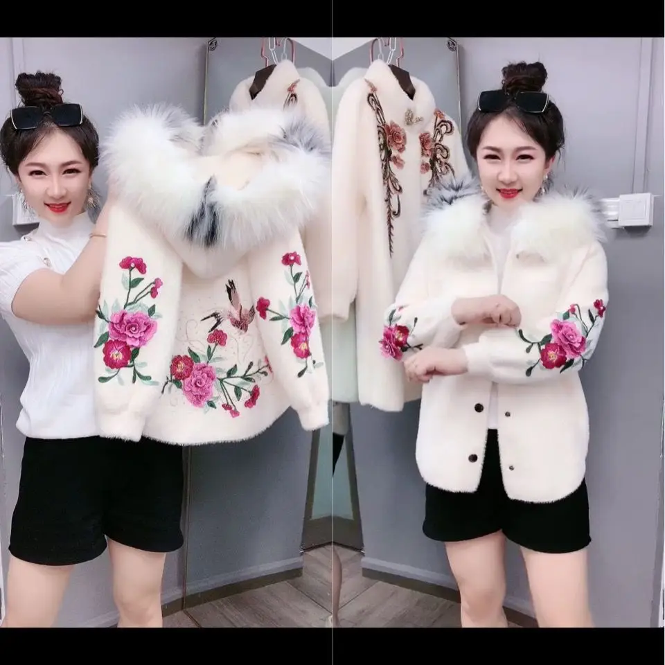 Middle Aged Elderly Mother Autumn and Winter Mitation Mink Velvet Coat Loose Short Knitted Woolen Fur Collar Cardigan U924