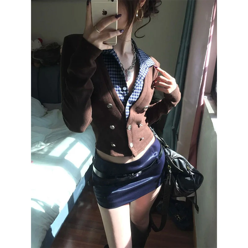 MEXZT Y2K اقتصاص سترة مشغولة من الصوف المرأة منقوشة المرقعة سترة ملابس خارجية Harajuku خمر تريكو الشتاء Gyaru سليم لاعبا