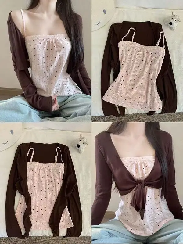 Koreanischer Stil Süßes 2-teiliges Set Lässige Kurze Strickjacke Ärmellose Gepunktete Weste Bluse Damen Sommer Elegante Niedliche Damen-Tanktops