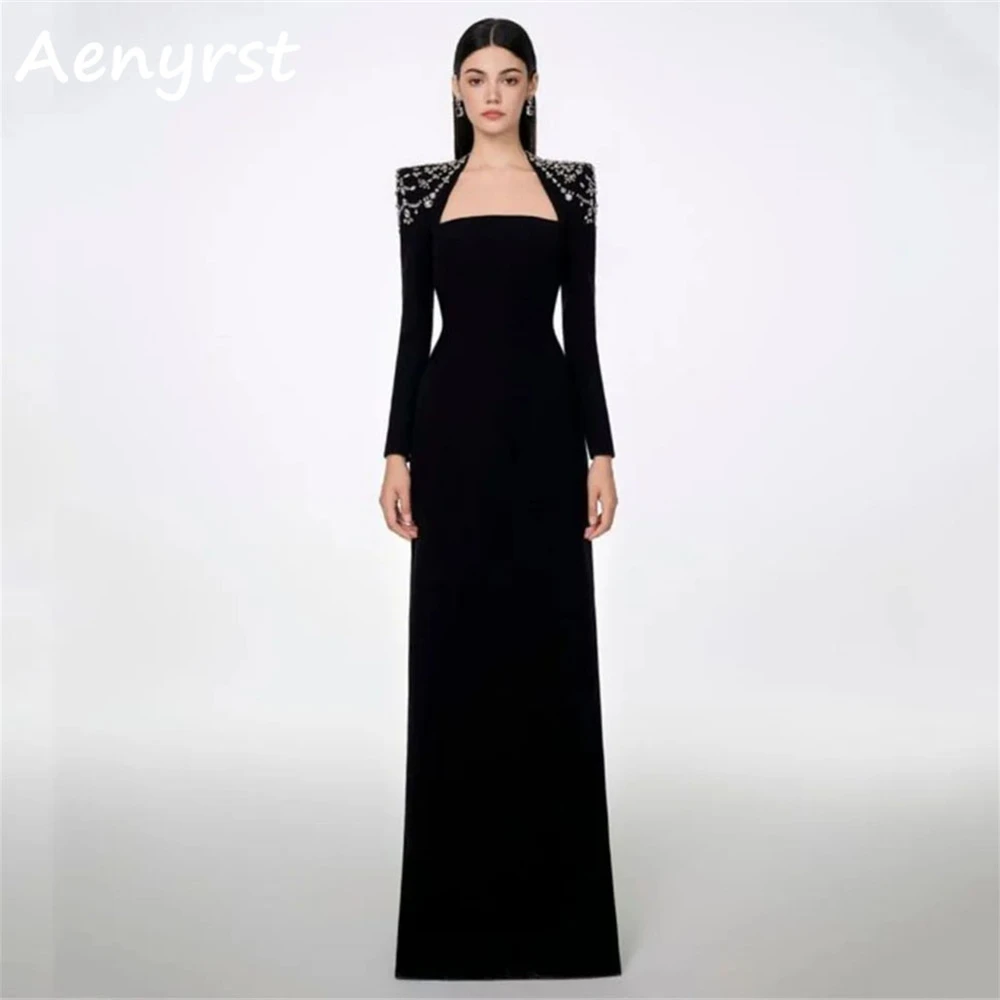 

Aenyrst Long Sleeves With Floor Length Prom Dresses Square-Neck Crystal Evening Gowns Elegant Women Wedding Party Formal Gowns