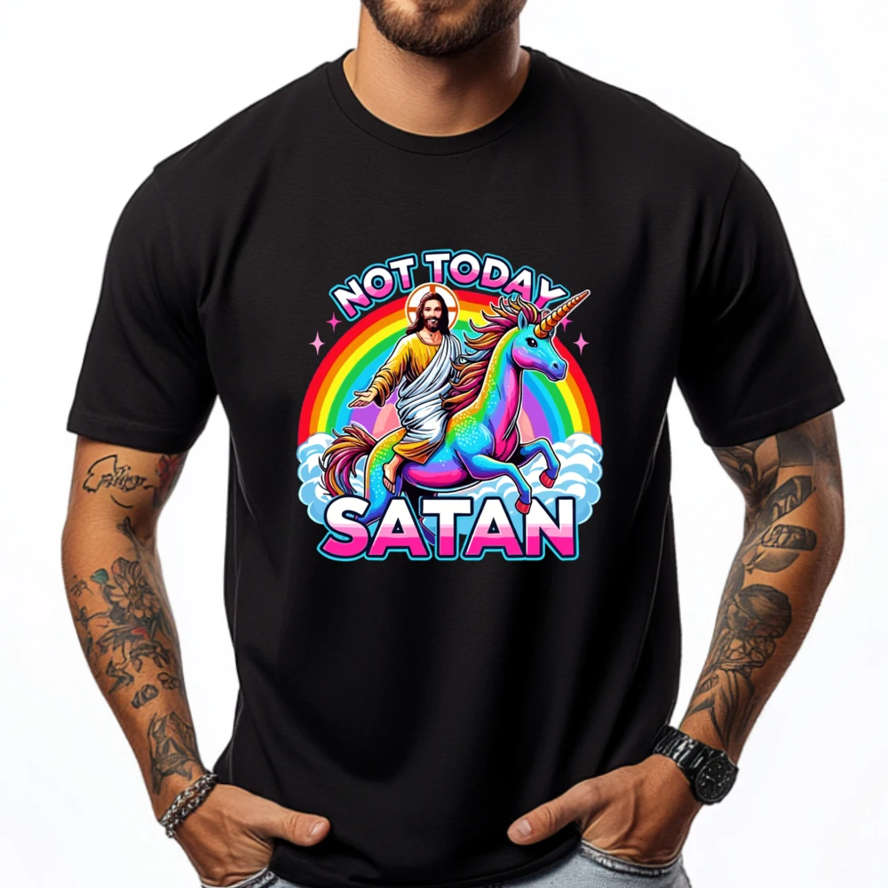 

Not Today Satan Jesus Riding Rainbow Unicorn Sarcastic Shirts Men Graphic Men's Clothing Happy New Years