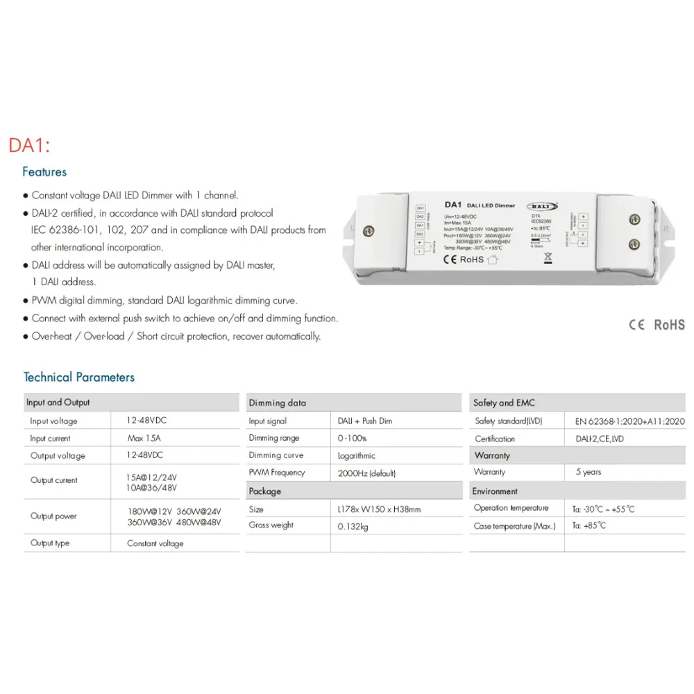 DA4-D(Din Rail) DA4 DA4-L 4CH DA1 1CH DT6 Single Color LED Strip CV DALI LED Dimmer PMW Dimming 12V-24V 5A/CH Numeric Display