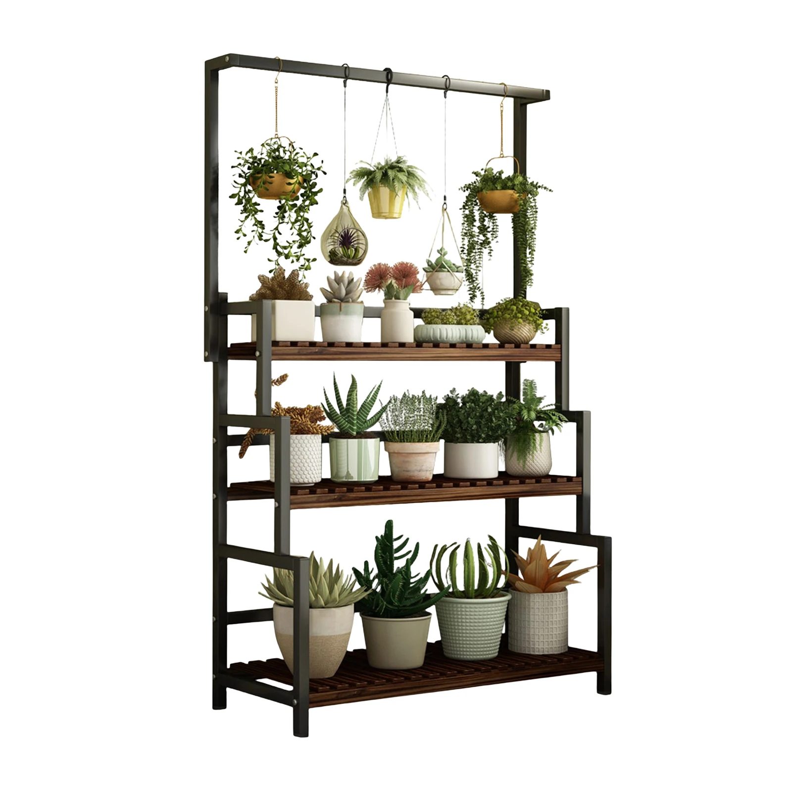 Metal Plant Rack, Flower Pot Stand Rack with Hanging Shelves, 3-Tier Storage Rack for Indoor & Outdoor, Room Decor Application