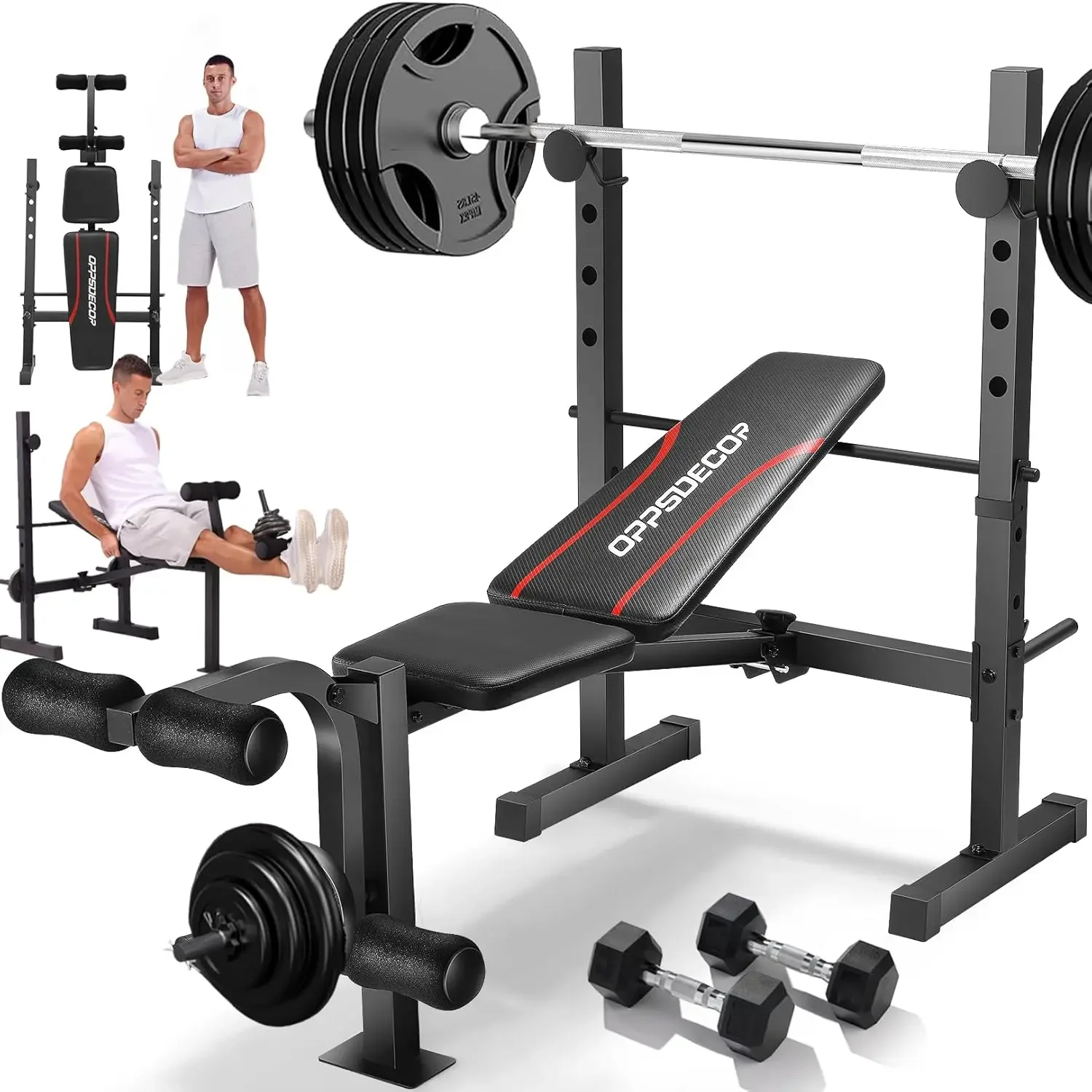 Weight Bench Set, Adjustable Bench Press Set with Squat Rack & Leg Extension, Folding Workout Bench Set for Full Body Workout