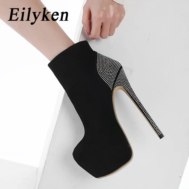 Eilyken Fashion autunno inverno CRYSTAL Zipper donna stivaletti punta tonda tacchi estremamente sottili piattaforma Club Fashion Shoes