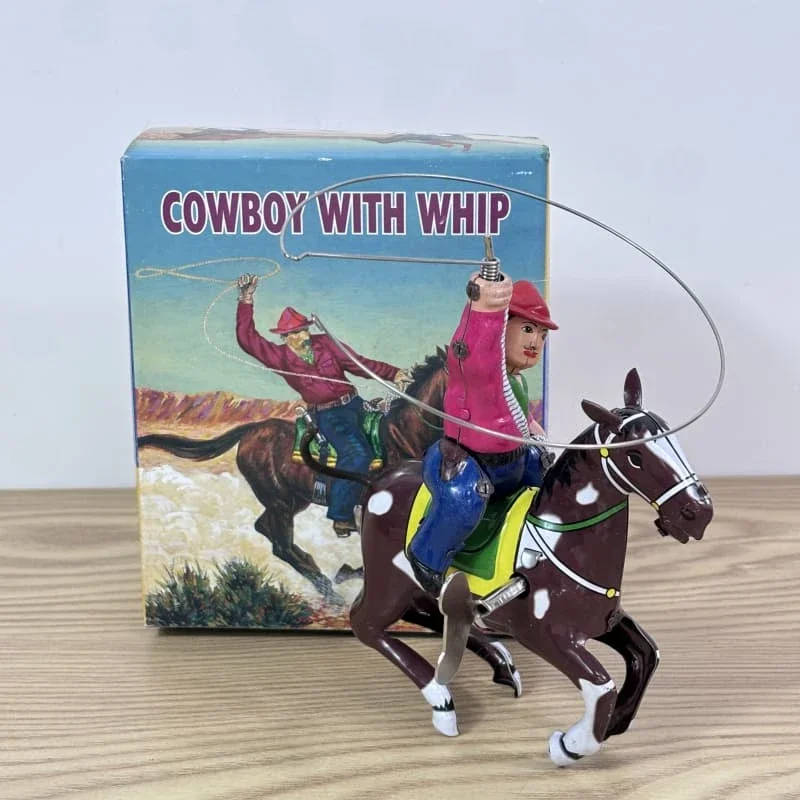 [Divertente] Collezione per adulti Giocattolo a carica retrò Cavaliere di latta in metallo su cavallo da cowboy con frusta Orologio meccanico giocattolo figura regalo per bambini