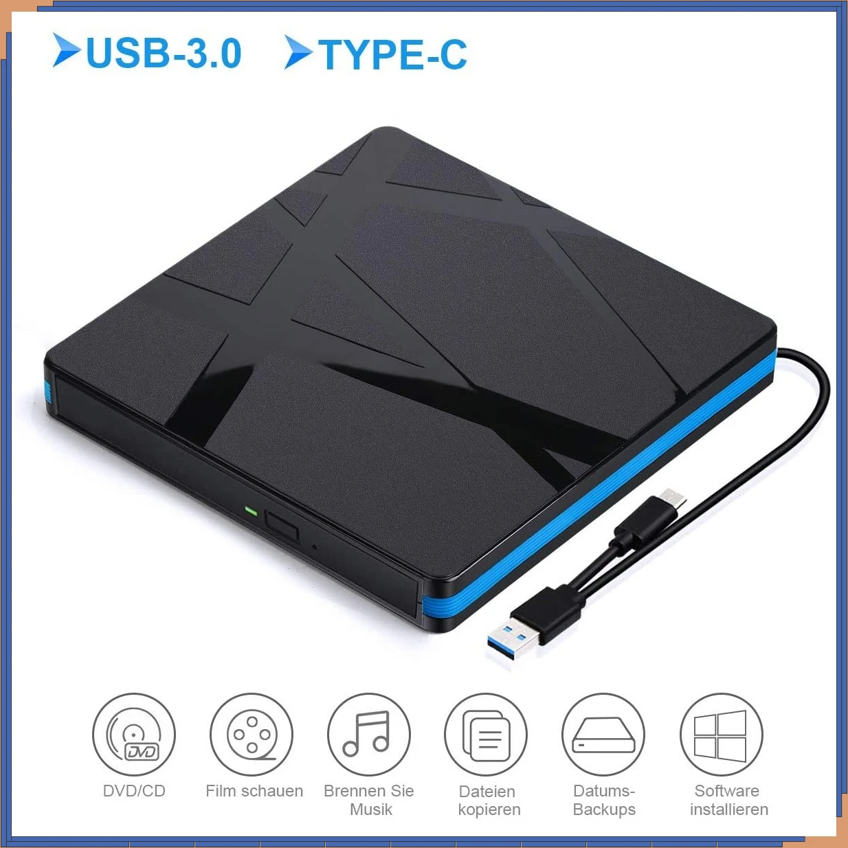 External Slim USB 3.0 Type-C DVD RW CD Writer Drive Burner Reader Player Optical Drives for Laptop PC Portable DVD Burner