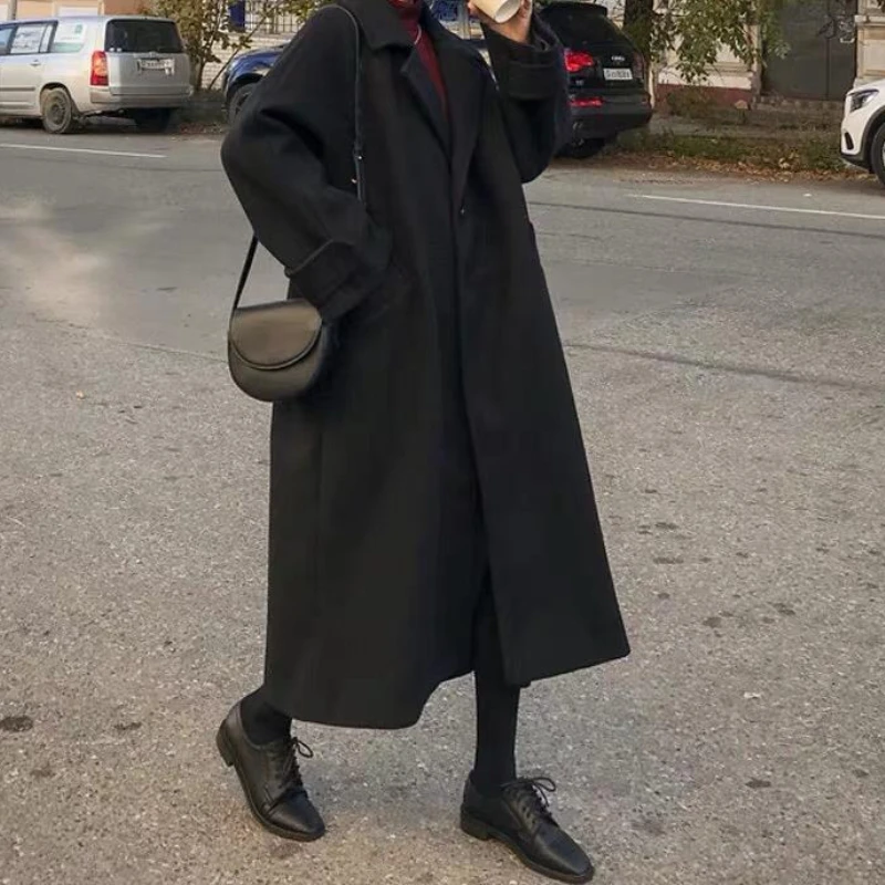 

Tweed Jacket Women's Winter Over The Knee Mid-length Korean Version of Student Loose Forest Thickened Black Woolen Coat