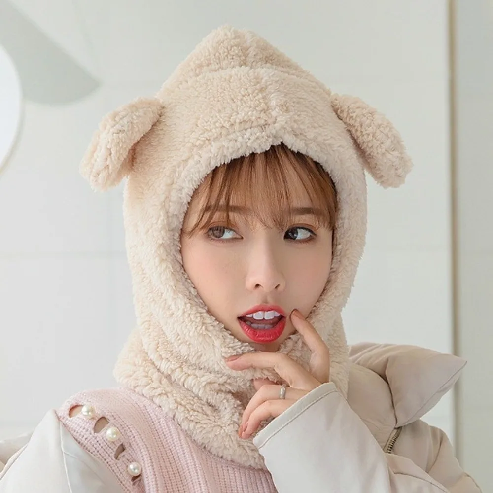Sweet Cute Bear Ear Hat Scarf Windproof Korean Style Winter Warm Hedging Cap Solid Color Cartoon Hat Scarf Outdoor