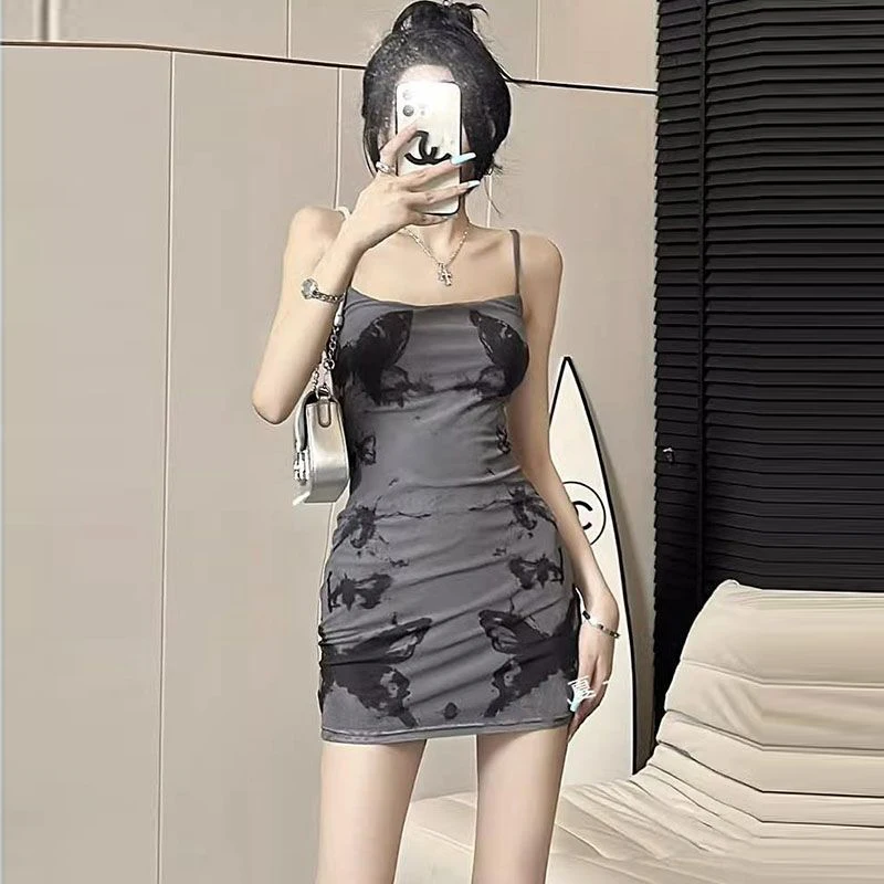 Elegant Grey Butterfly Mesh Print Tank Dress Sexy Slimming Sleeveless Formal Gown For Women Fashionable Trendy Spring Wear 