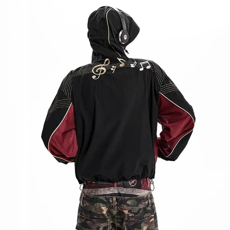 LUZHEN 2026 New Mesh Color Contrast Patchwork Embroidery Musical Note Pattern Hoodies Jacket Men's Fashion Outdoor Coat JY7540
