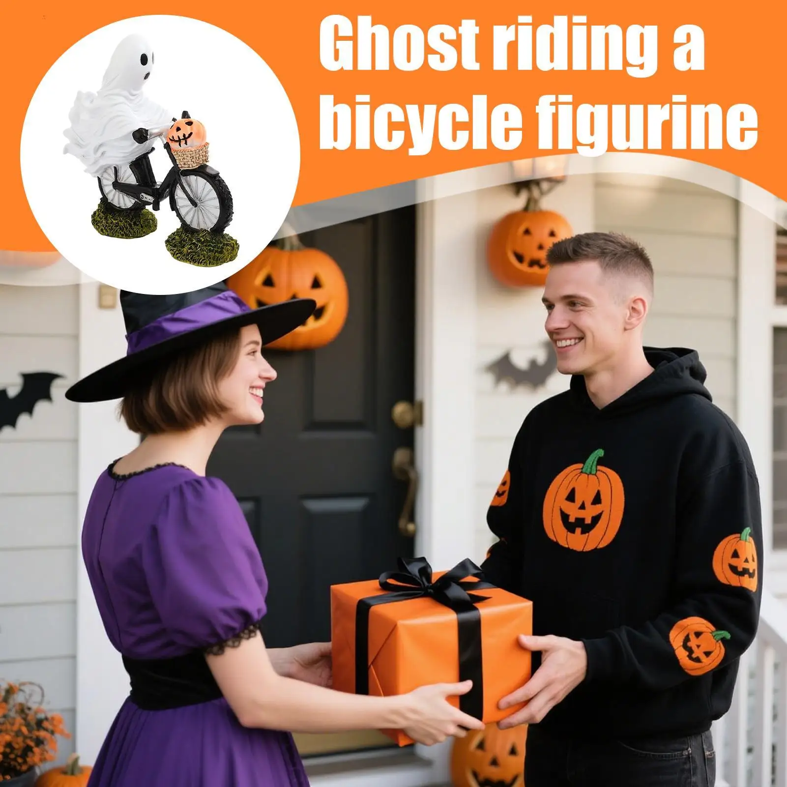 Halloween Ghost Statue Ghost Riding On Bikes Halloween Pumpkin Decor Seasonal Desk Display Ornaments For Tabletop Bedroom
