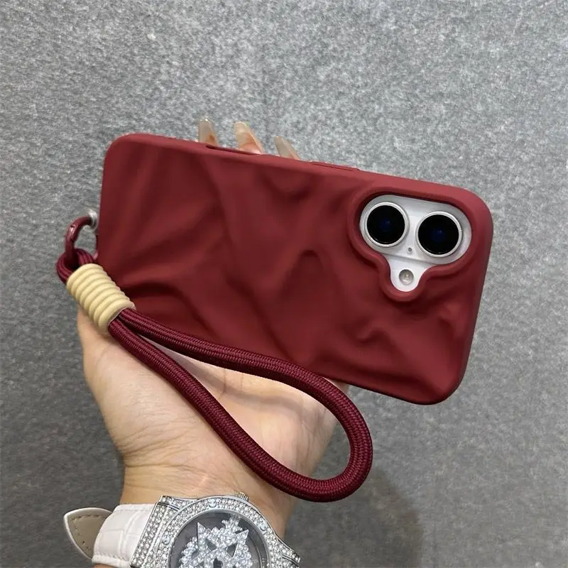 Luxus Matte Falten Matte Handgelenk Strap Fall für iPhone 17 Air 16 15 14 13 12 11 17 Pro Max Candy Ripple Weiche Lanyard Abdeckung Funda