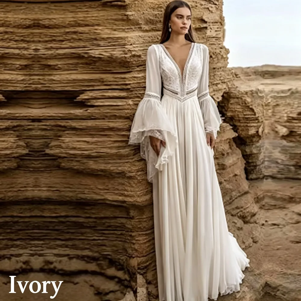Beach Long White Wedding Dresses Chiffon Sexy Deep V-Neck Pleat Rlare Sleeves Simple Lace Backless Floor-Length Gowns Customized